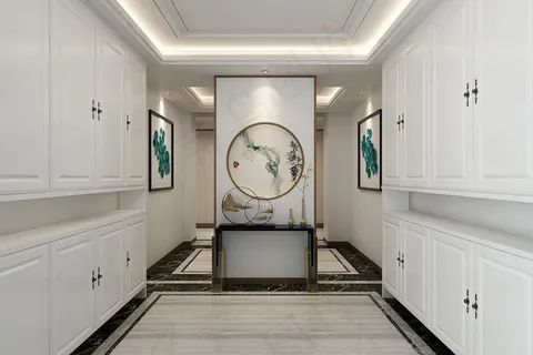 玄关中式圆形复式楼玄关隔断餐厅带圆形走廊卧室床铺装饰画模型样板间背景图 玄关中式圆形复式楼玄关隔断餐厅带圆形走廊卧室床铺装饰画模型样板间背景图