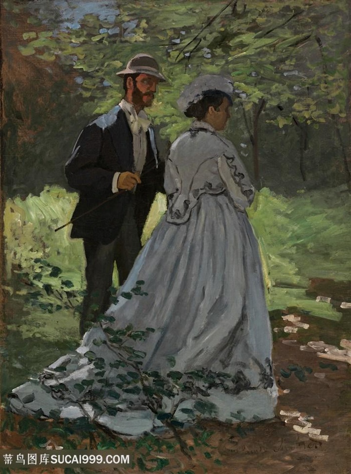 印象派莫奈夫妻郊游油画图片