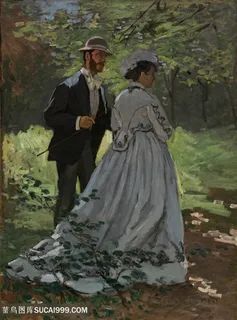 印象派莫奈夫妻郊游油画图片