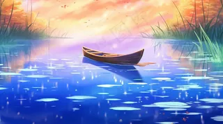 天空之境木船在湖泊中水域天空一色插画水彩