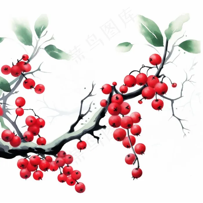 树枝上的红色果实小清新植物水墨画插画素材(1024x1024)