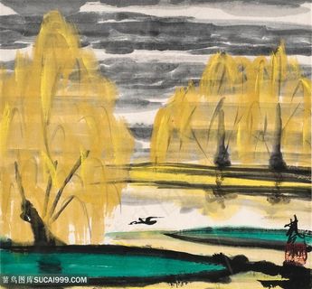 林风眠手绘水墨树木湖畔风景画