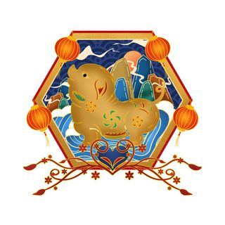 中国风国潮十二生肖猪手绘烫金插画春节剪纸元素PSD设计素材