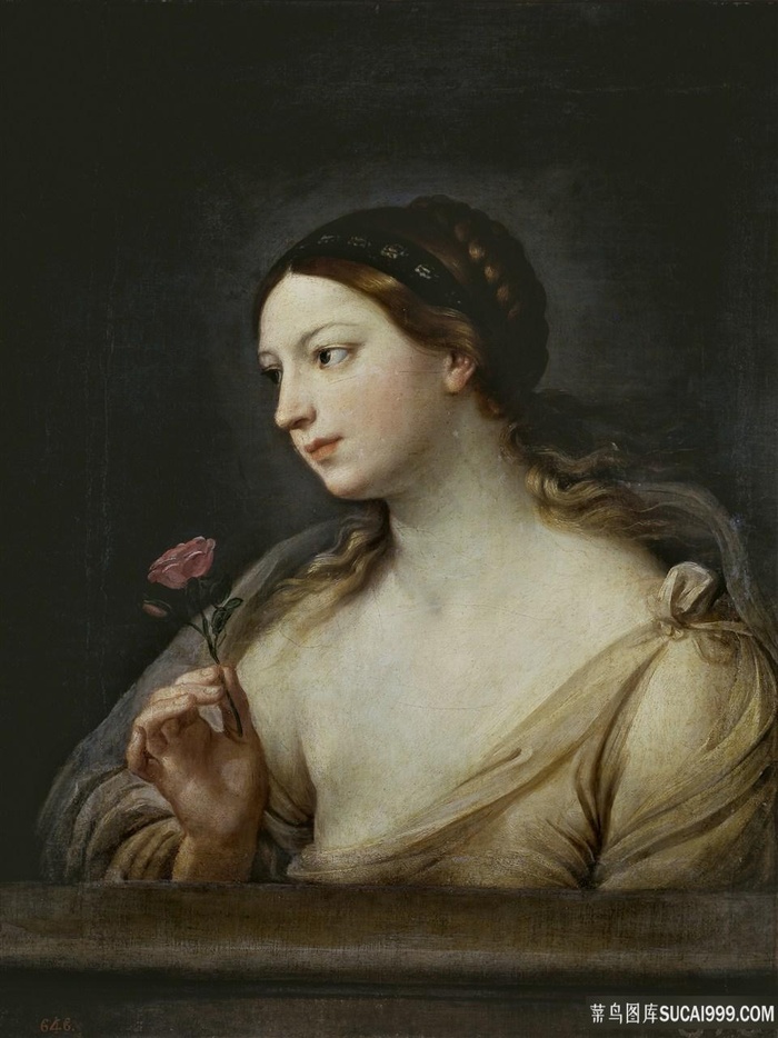 拿着一枝花美女装饰画油画图片