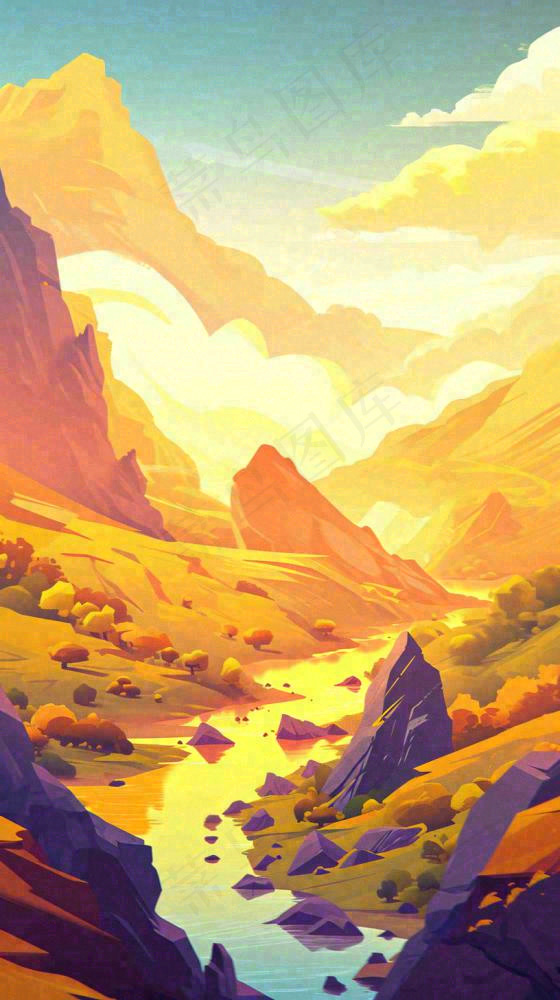 落日山脉河流小溪扁平手绘插画，旅行游玩登山郊游(816x1456)