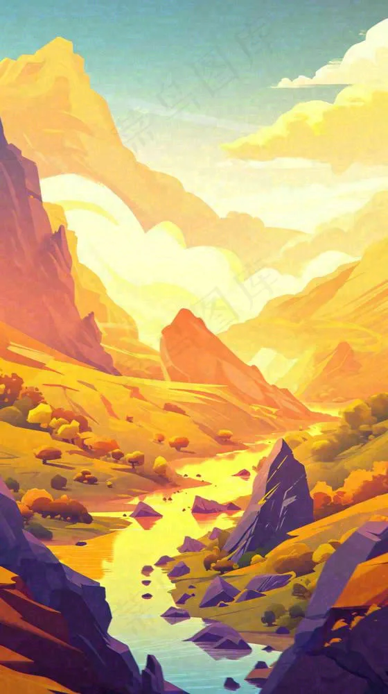 落日山脉河流小溪扁平手绘插画，旅行游玩登山郊游(816x1456)