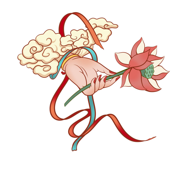 禅意佛手拈花指莲花佛珠敦煌文化线描稿国潮风元素设计模板素材