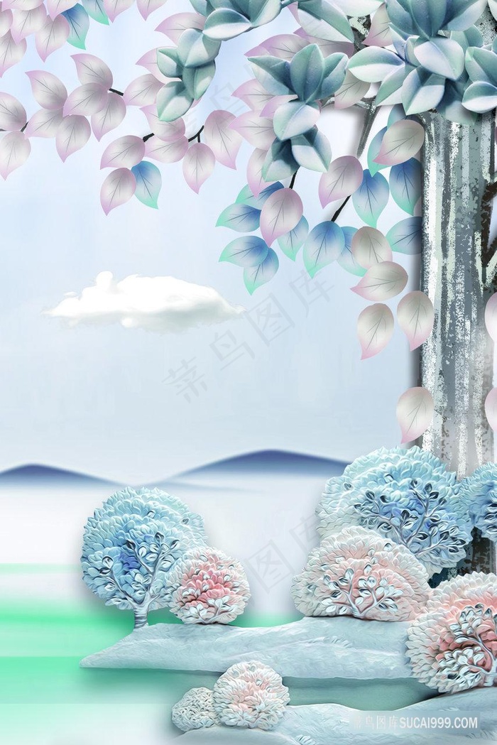 唯美大树湖畔风景画插画