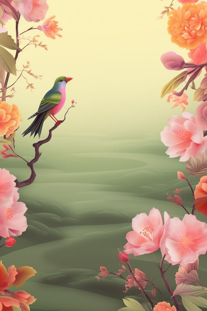 清新黄绿花枝小鸟阳光背景