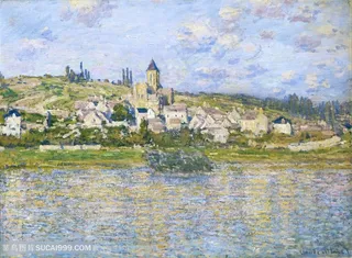 印象派莫奈湖畔村庄风景油画图片