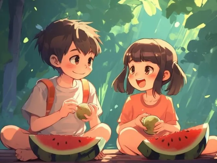 夏日卡通插画儿童吃西瓜动漫风背景(1232x928)