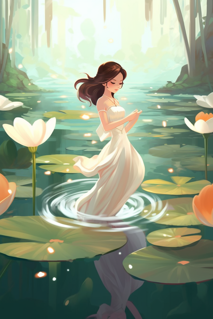 白裙子少女在睡莲池塘中嬉水唯美卡通插画(x)