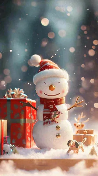 冬天圣诞节下雪圣诞树雪人礼物，冬季暖光