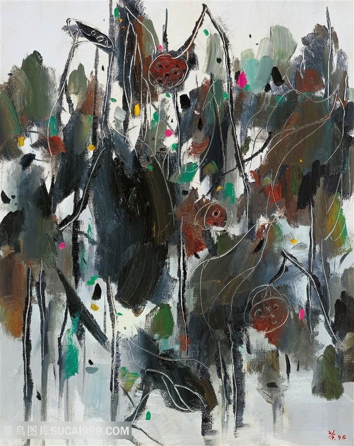 吴冠中手绘莲藕水墨装饰画