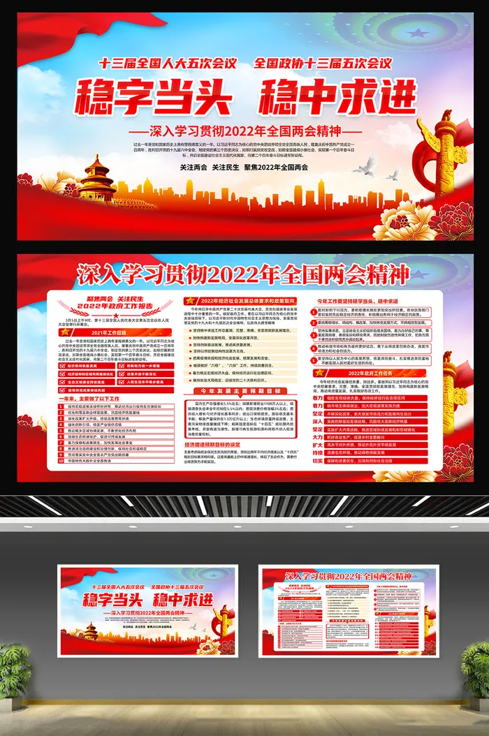 一图读懂2022两会*工作报告宣传展板psd模版下载
