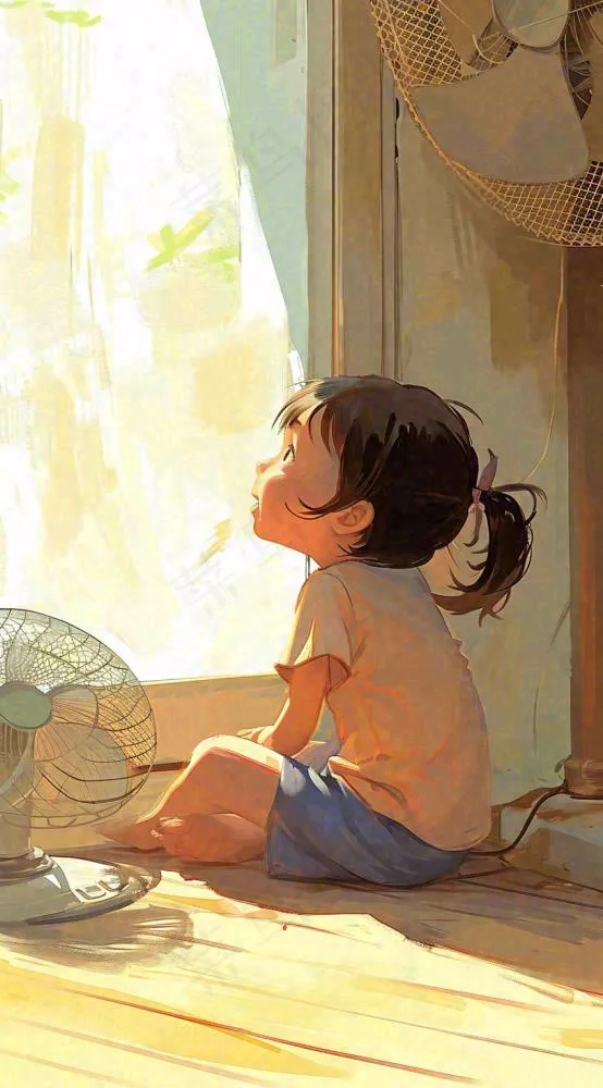 儿童在家吹风扇，夏天炎热清爽手绘插画，夏至小暑暑期(816x1472)