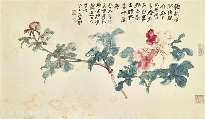 张大千手绘水墨花卉花枝装饰画