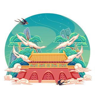 国潮风旅游建筑城市地标景区北京上海插图插画元素素材设计模板