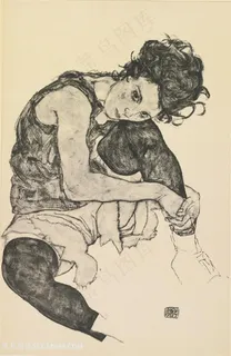 席勒素描半蹲女性艺术挂画 席勒素描半蹲女性艺术挂画
