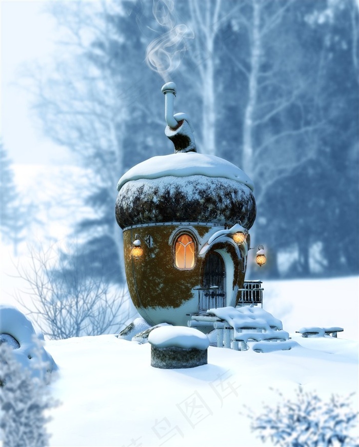 白茫茫的雪地和松果屋高清图片海报图片
