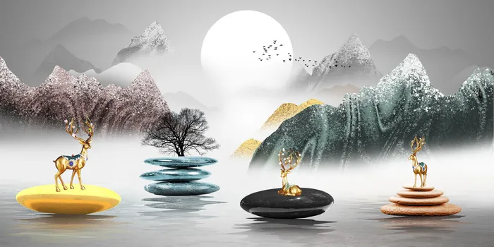 水墨山水石头金鹿背景psd模版下载