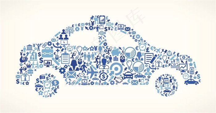 创意蓝色小图标组合出租车剪影图