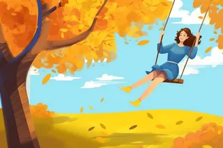 秋天落叶荡秋千的女孩公园插画背景