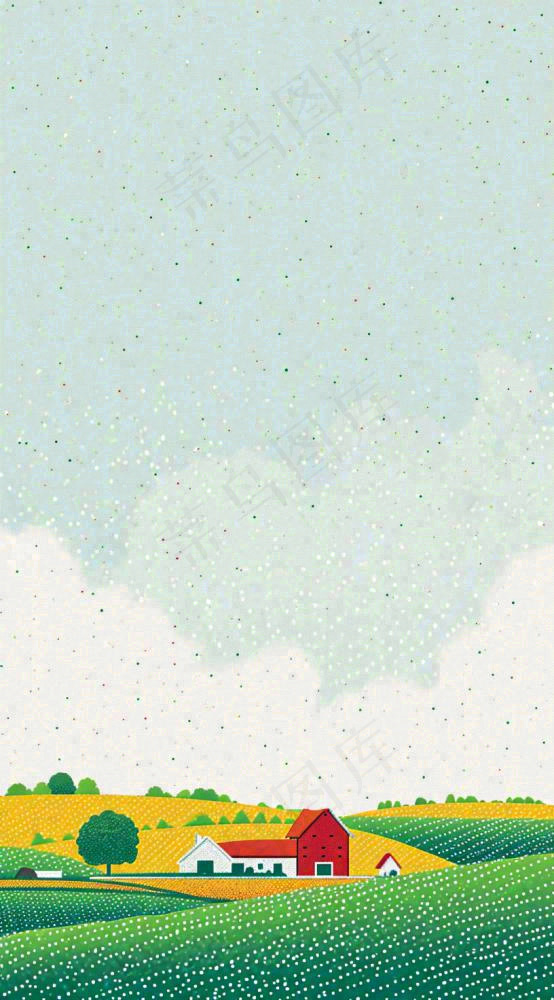 清新山脉草坪点线面扁平屋子树木手绘插画(816x1472)