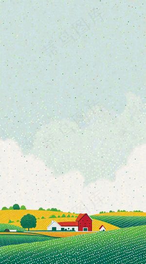 清新山脉草坪点线面扁平屋子树木手绘插画