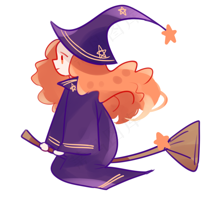 卡通万圣节手绘人物骑扫把可爱小女孩