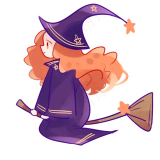 卡通万圣节手绘人物骑扫把可爱小女孩