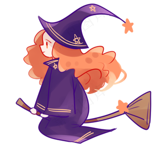 卡通万圣节手绘人物骑扫把可爱小女孩