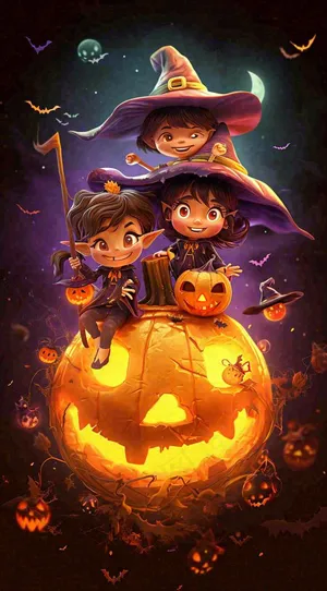 梦幻黑色万圣节恐怖南瓜，夜晚卡通动漫插画