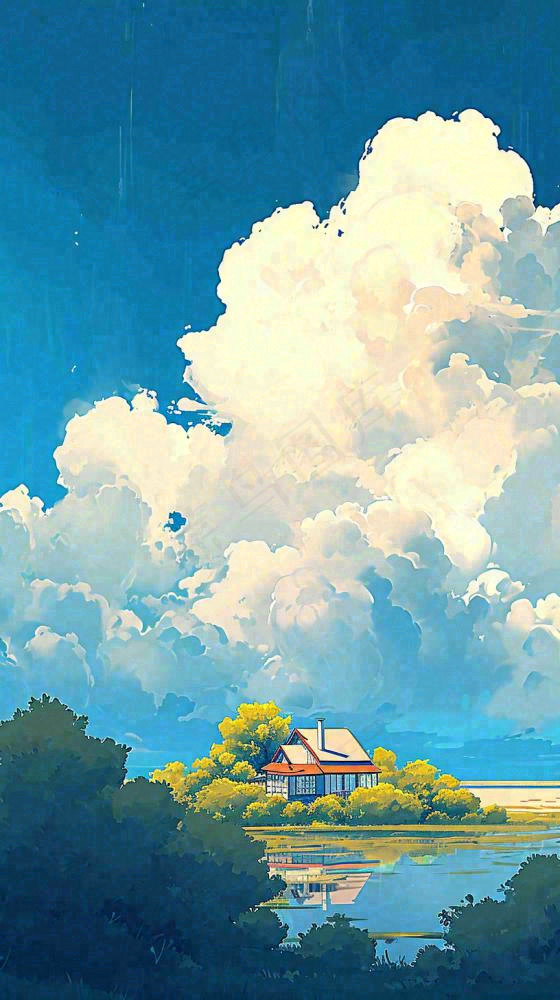 春天乡村河流倒影草地蓝天白云小屋手绘插画(816x1456)