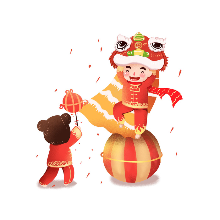 新年春节虎年元宵手绘人物舞狮卡通狮子头插画元素PSD设计素材psd模版下载