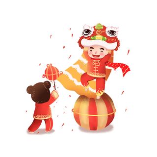 新年春节虎年元宵手绘人物舞狮卡通狮子头插画元素PSD设计素材