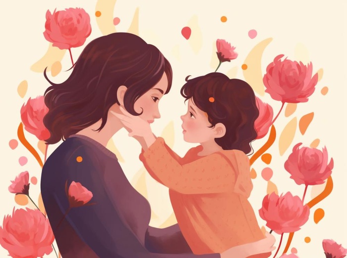 母亲节妈妈拥抱着孩子花海手绘插画素材海报背景(1264x944)
