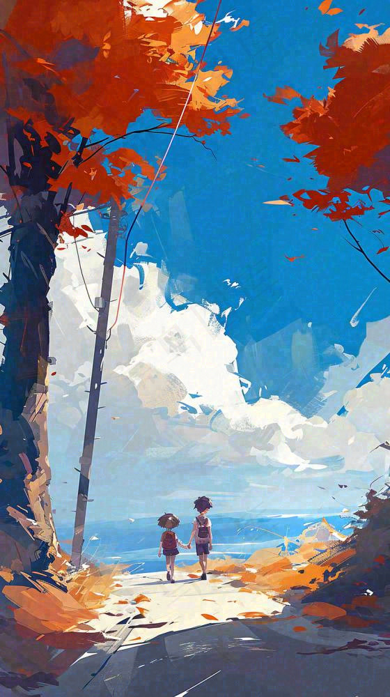 秋天红色秋叶树落叶温馨自然风景，立秋手绘插画(816x1456)