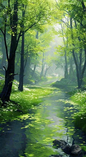 春天绿树成荫的树林里面阳光洒下小溪溪水飘着树叶