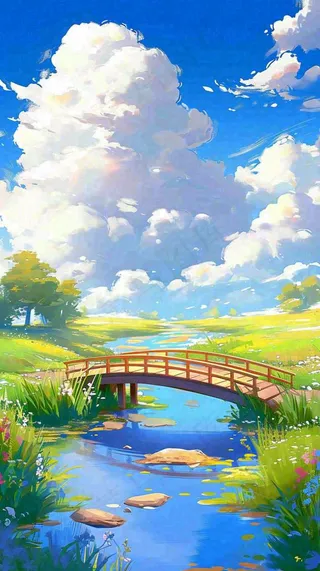 春天草坪河流小溪蓝天白云清新阳光手绘插画，立春春分