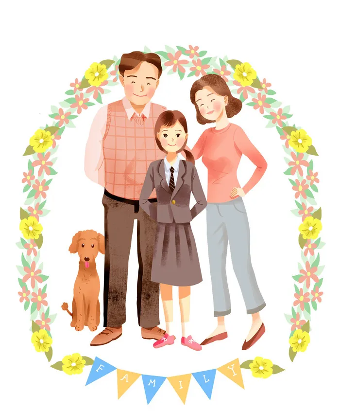 花朵与家庭人物插画PSD素材