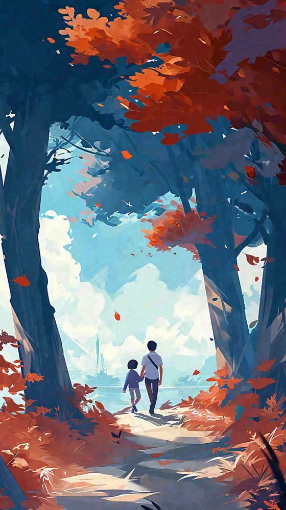 秋天红色秋叶树落叶温馨自然风景，立秋手绘插画(816x1456)