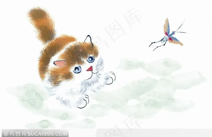 水墨画小猫扑虫图
