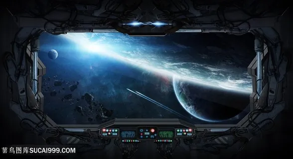 飞机机舱与与宇宙景色高清图片