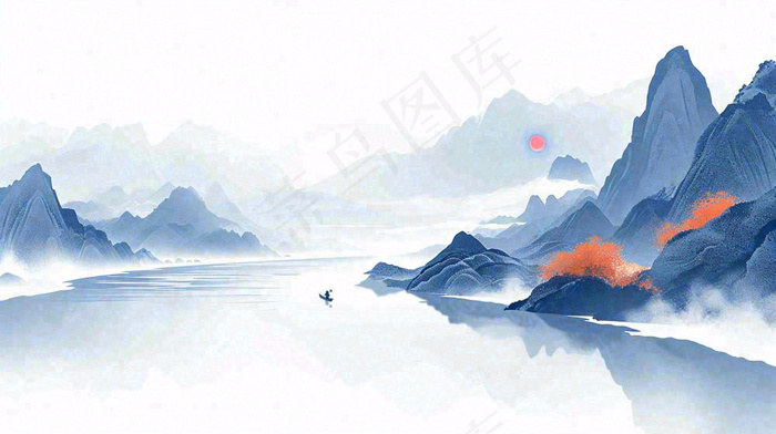 山水画简约白色河面插画手绘，中国风古风