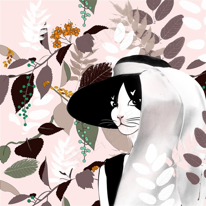 时尚手绘卡通猫咪小姐插画素材