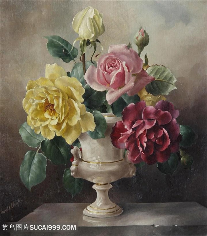 古典花瓶中的玫瑰花花卉油画图片