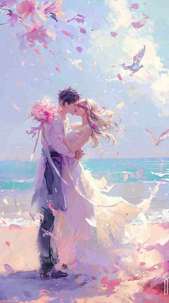 海边爱情情侣浪漫拥抱接吻，情人节婚纱照手绘插画(816x1456)