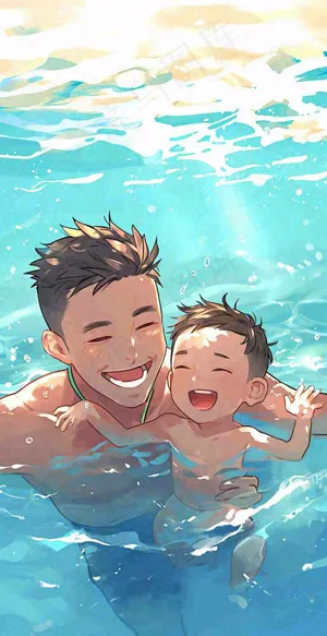 夏天父子游泳泳池蓝天白云清新手绘插画