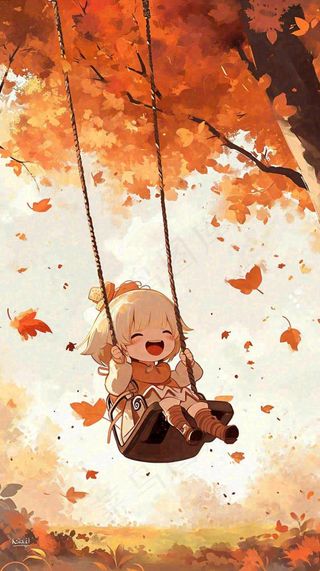 秋天秋叶树下卡通女孩荡秋千手绘插画，唯美落叶